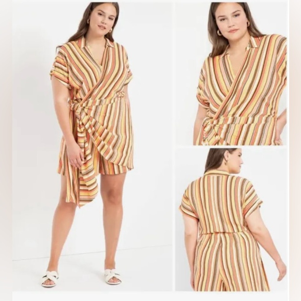 Eloquii 22 Orange and Yellow Faux Wrap Romper - Picture 2 of 16